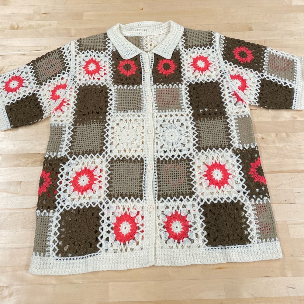 Others Follow Crochet Patchwork Cardigan - Cream, Brown, Red